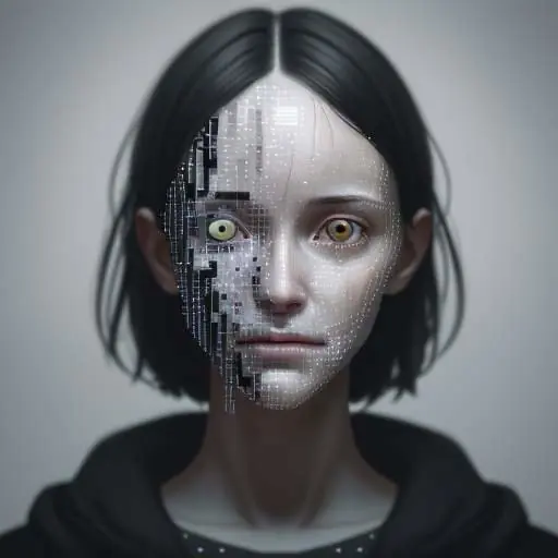 Glitching digital portrait suggesting artificiality, with unnervingly clear eyes hinting at hidden truths about AI-generated media.
