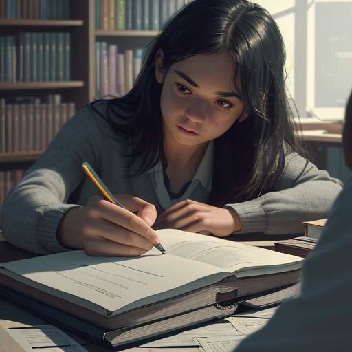 Intimate, cinematic shot of a teacher and student deeply engaged in mentorship over a desk cluttered with books and notes, symbolizing shared learning and guidance.