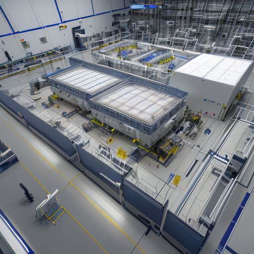 Overhead view of a high-tech cleanroom showing robotic arms precisely handling delicate silicon wafers and advanced chip testing equipment.