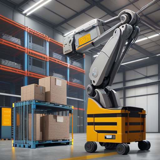 Sophisticated multi-limbed robot operating in a modern, brightly lit logistics warehouse, demonstrating precise manipulation among crates and human workers.