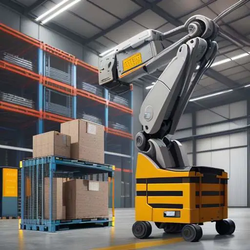 Sophisticated multi-limbed robot operating in a modern, brightly lit logistics warehouse, demonstrating precise manipulation among crates and human workers.