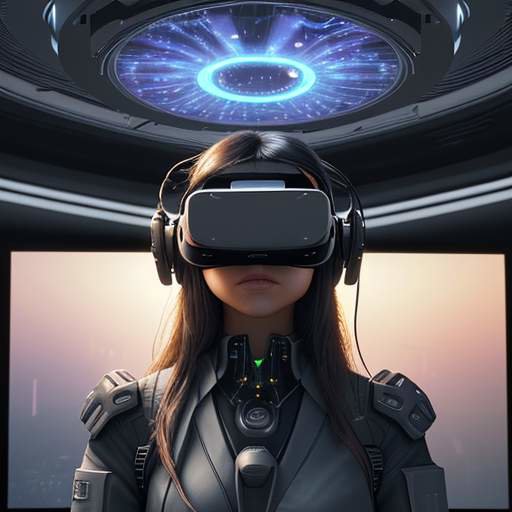 Student immersed in a futuristic VR simulation, interacting with a glowing 3D model of sustainable energy, guided by a teacher.