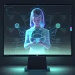 Student interacts with a glowing, holographic knowledge dashboard in a modern library, visualizing personalized learning pathways and deep understanding.