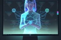 Student interacts with a glowing, holographic knowledge dashboard in a modern library, visualizing personalized learning pathways and deep understanding.