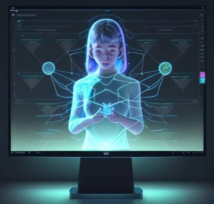 Student interacts with a glowing, holographic knowledge dashboard in a modern library, visualizing personalized learning pathways and deep understanding.