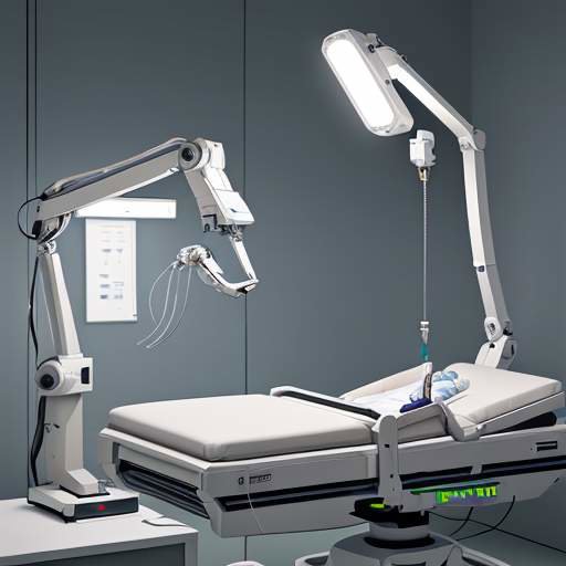 Surgical robotic system in a modern operating room, showcasing advanced technology and real-time augmented reality data overlays for precision medical care.