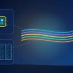 Illustration with optical fibers, a processor chip and data center server racks