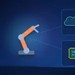 Illustration with an industrial robot arm, a cloud and a processor chip