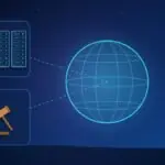 Illustration with a globe, data center server racks and a judge's gavel
