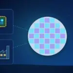 Illustration with a silicon wafer, a processor chip and a factory