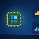Illustration with a processor chip, stacks of coins and a rising chart
