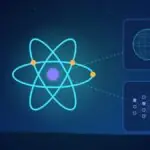 Illustration with an atom model, a globe and a neural network