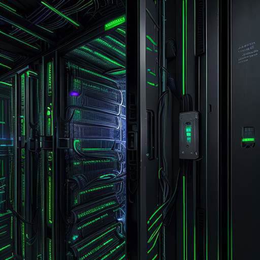 A cinematic close-up of a high-tech server rack inside a vault, featuring brushed metal surfaces, glowing green circuitry, and a misty atmosphere to represent independent digital infrastructure.