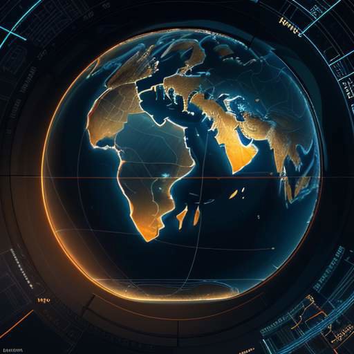 A cinematic digital map showing a global network of interconnected continents with glowing golden lines, symbolizing a decentralized technology supply chain and global data flow in a high-tech command center.