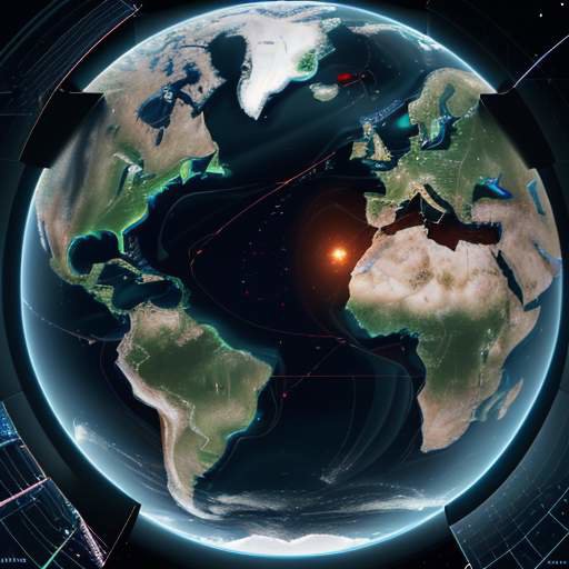 A cinematic night view of Earth from space, featuring glowing metropolitan centers and a network of neon blue and purple data streams connecting pulsing quantum nodes across the globe.