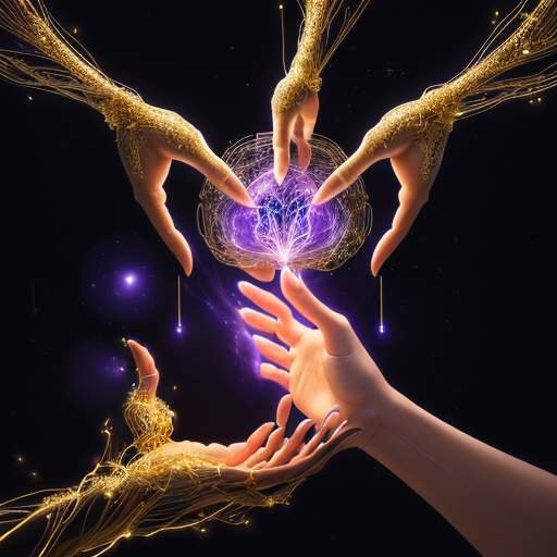 A cinematic visualization of a human-like brain made of glowing gold threads and neural pathways in a dark void, with a translucent hand reaching out to touch it, creating sparks of light to symbolize the fusion of human intelligence and advanced AI.