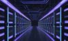 A cinematic, wide-angle shot of a futuristic data center at night, featuring rows of server racks with glowing blue and violet LEDs and organized bundles of fiber optic cables.