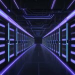 A cinematic, wide-angle shot of a futuristic data center at night, featuring rows of server racks with glowing blue and violet LEDs and organized bundles of fiber optic cables.