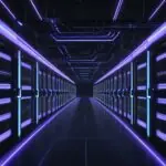 A cinematic, wide-angle shot of a futuristic data center at night, featuring rows of server racks with glowing blue and violet LEDs and organized bundles of fiber optic cables.