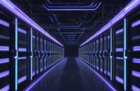A cinematic, wide-angle shot of a futuristic data center at night, featuring rows of server racks with glowing blue and violet LEDs and organized bundles of fiber optic cables.