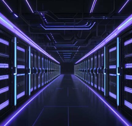 A cinematic, wide-angle shot of a futuristic data center at night, featuring rows of server racks with glowing blue and violet LEDs and organized bundles of fiber optic cables.