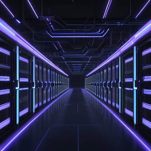 A cinematic, wide-angle shot of a futuristic data center at night, featuring rows of server racks with glowing blue and violet LEDs and organized bundles of fiber optic cables.
