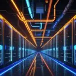 A cinematic, wide-angle view of a futuristic data center corridor with rows of server racks glowing with blue and amber lights, illustrating high-density AI-centric infrastructure.