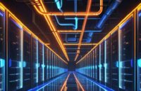 A cinematic, wide-angle view of a futuristic data center corridor with rows of server racks glowing with blue and amber lights, illustrating high-density AI-centric infrastructure.