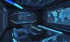 A cinematic, wide-angle view of a high-tech military command center where personnel monitor glowing holographic displays featuring global network maps and complex cybersecurity data streams.