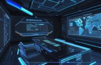 A cinematic, wide-angle view of a high-tech military command center where personnel monitor glowing holographic displays featuring global network maps and complex cybersecurity data streams.