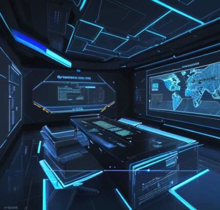 A cinematic, wide-angle view of a high-tech military command center where personnel monitor glowing holographic displays featuring global network maps and complex cybersecurity data streams.