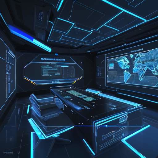 A cinematic, wide-angle view of a high-tech military command center where personnel monitor glowing holographic displays featuring global network maps and complex cybersecurity data streams.