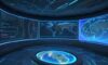 A cinematic wide shot of a futuristic command center with glowing holographic displays showing an interconnected globe of data and flowing lines of light in blue and gold.
