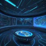 A cinematic wide shot of a futuristic command center with glowing holographic displays showing an interconnected globe of data and flowing lines of light in blue and gold.