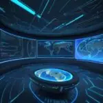 A cinematic wide shot of a futuristic command center with glowing holographic displays showing an interconnected globe of data and flowing lines of light in blue and gold.