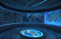 A cinematic wide shot of a futuristic command center with glowing holographic displays showing an interconnected globe of data and flowing lines of light in blue and gold.