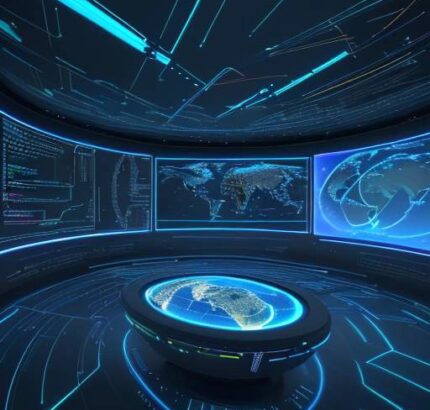 A cinematic wide shot of a futuristic command center with glowing holographic displays showing an interconnected globe of data and flowing lines of light in blue and gold.