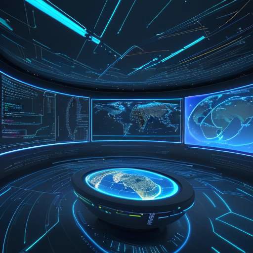 A cinematic wide shot of a futuristic command center with glowing holographic displays showing an interconnected globe of data and flowing lines of light in blue and gold.