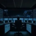 A cybersecurity professional stands in a high-tech operations center, facing a wall of monitors showing a glowing global network map being overshadowed by a dark, looming silhouette.