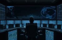 A cybersecurity professional stands in a high-tech operations center, facing a wall of monitors showing a glowing global network map being overshadowed by a dark, looming silhouette.