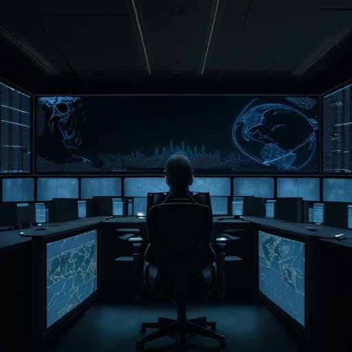 A cybersecurity professional stands in a high-tech operations center, facing a wall of monitors showing a glowing global network map being overshadowed by a dark, looming silhouette.