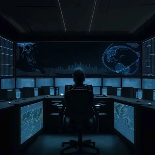 A cybersecurity professional stands in a high-tech operations center, facing a wall of monitors showing a glowing global network map being overshadowed by a dark, looming silhouette.