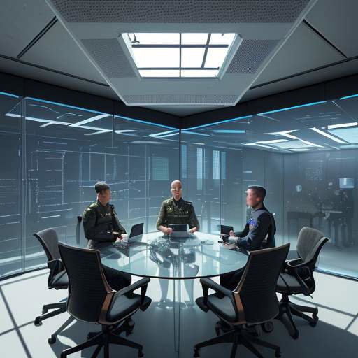 A diverse group of professionals, including a military officer and a tech expert, examine a holographic network blueprint on a glass table in a modern, high-tech command center.