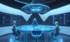A diverse group of scientists and engineers collaborate in a futuristic laboratory, examining a glowing 3D holographic neural network.