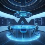 A diverse group of scientists and engineers collaborate in a futuristic laboratory, examining a glowing 3D holographic neural network.