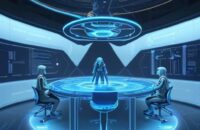 A diverse group of scientists and engineers collaborate in a futuristic laboratory, examining a glowing 3D holographic neural network.