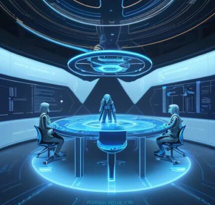 A diverse group of scientists and engineers collaborate in a futuristic laboratory, examining a glowing 3D holographic neural network.