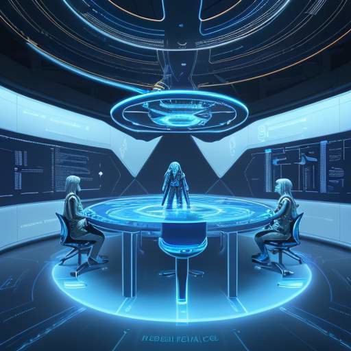 A diverse group of scientists and engineers collaborate in a futuristic laboratory, examining a glowing 3D holographic neural network.