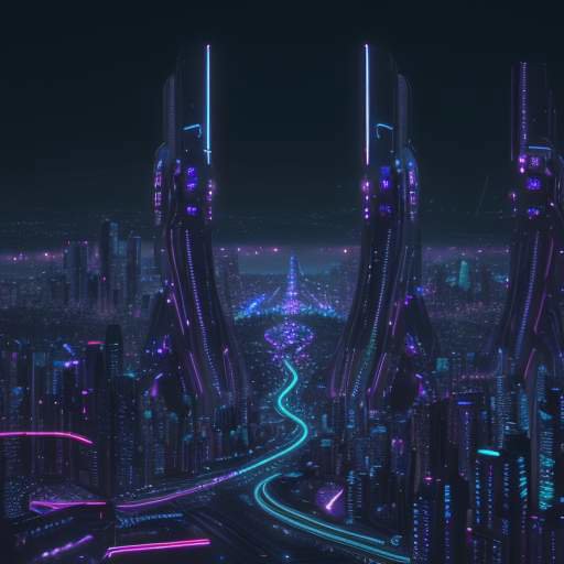 A futuristic city skyline at dusk with glowing digital circuitry integrated into buildings, featuring distinct colored zones representing diverse regional influences and a high-tech aesthetic.