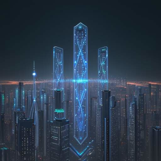 A futuristic city skyline at night with glowing buildings and holographic icons representing medicine, engineering, literature, and technology, symbolizing the diverse applications of advanced AI.